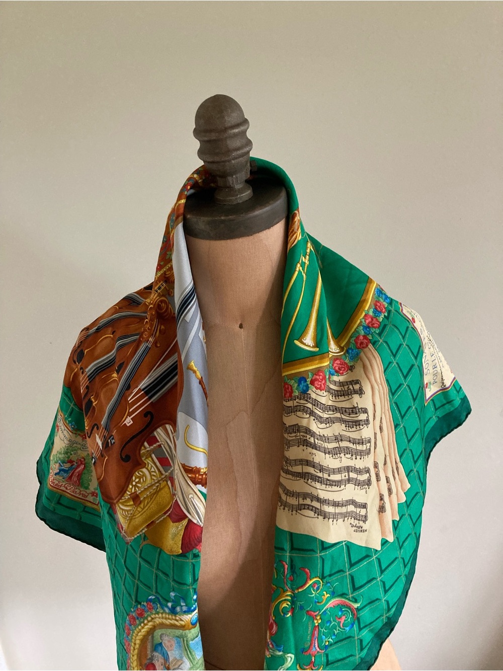 Hermès Hommage à Mozart Green & Brown Printed Scarf